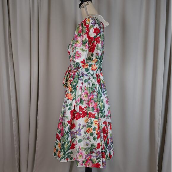 Vintage 80s Floral Cotton Dress Peter Pan Collar Cottagecore Midi - Picture 15 of 16